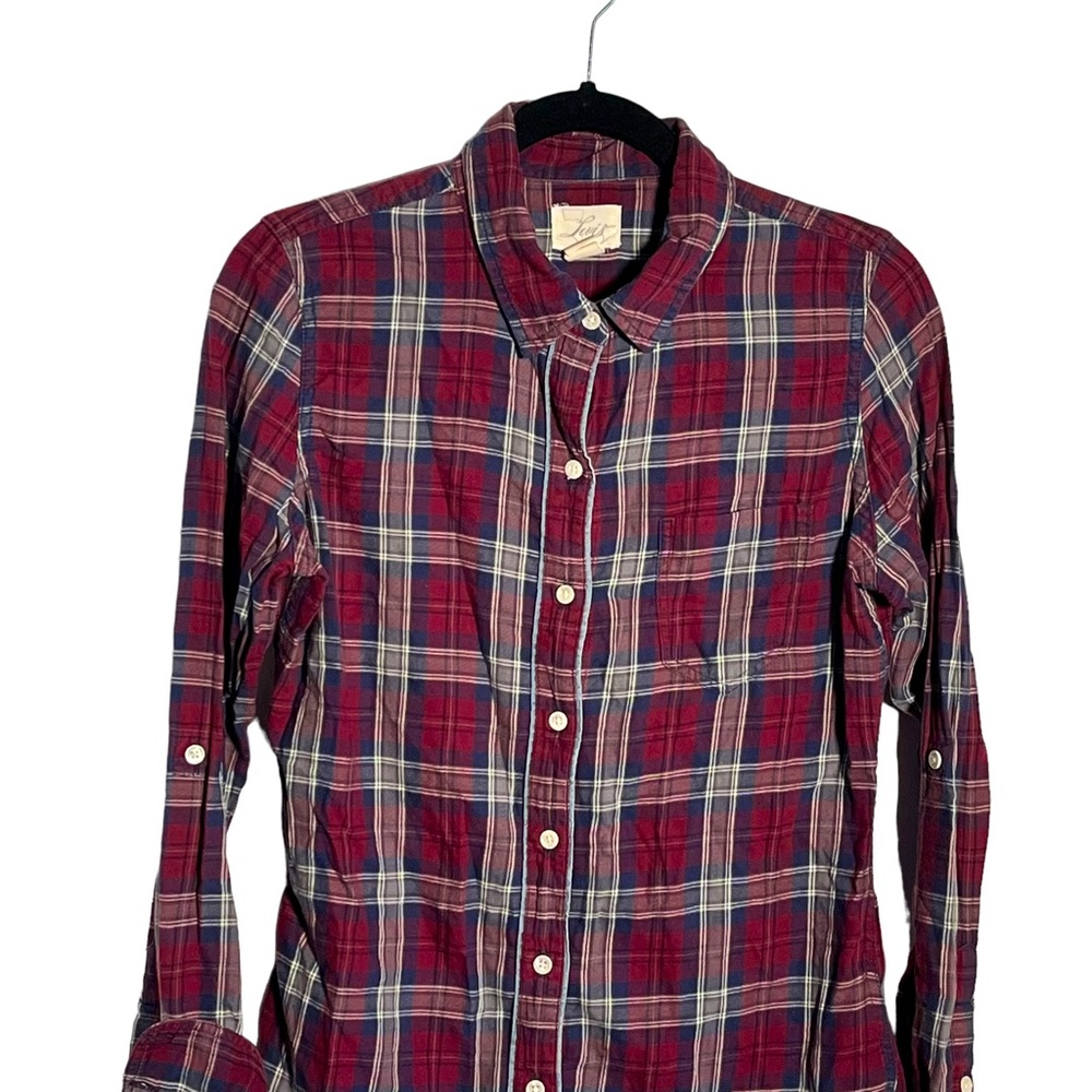 Levi's Burgundy Blue Plaid Cotton Button Down Shirt Medium Distressed Look - Picture 10 of 12